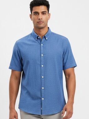 Perry Ellis Men’s L Blue Slim Fit Stretch Short Sleeve Button Down Shirt -wku127